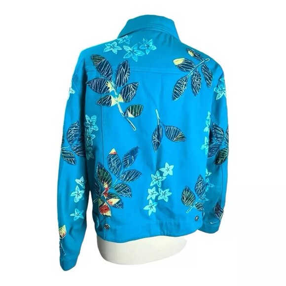 Chico's Design Jacket 2 M Denim Silk Embroidered Floral Hawaiian Parrot Bead VTG - Picture 3 of 11